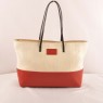 Fendi Red Leather with Beige Striped Linen Tote Bag