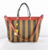Fendi Coffee Stripe Waterproof Fabric With Red/Blue Calf Leather Tote Bag